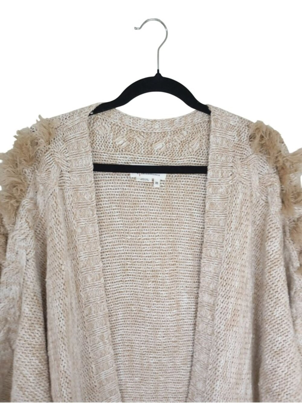 Anthropologie Chunky Knit Fringe Sleeve Open Front Cardigan One Size Beige/Tan - Picture 4 of 12